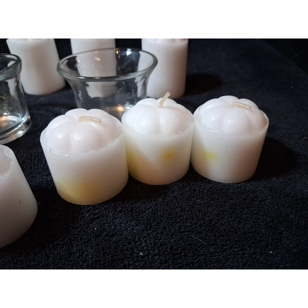 14 White Pumpkin Votive Candles and 2 Glass Holders Fall Thanksgiving Decor Set